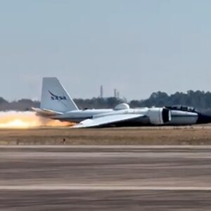 NASA WB-57 belly landing in Texas sent flames and smoke down the runway after a mechanical issue forced the research plane to touch down without landing gear.