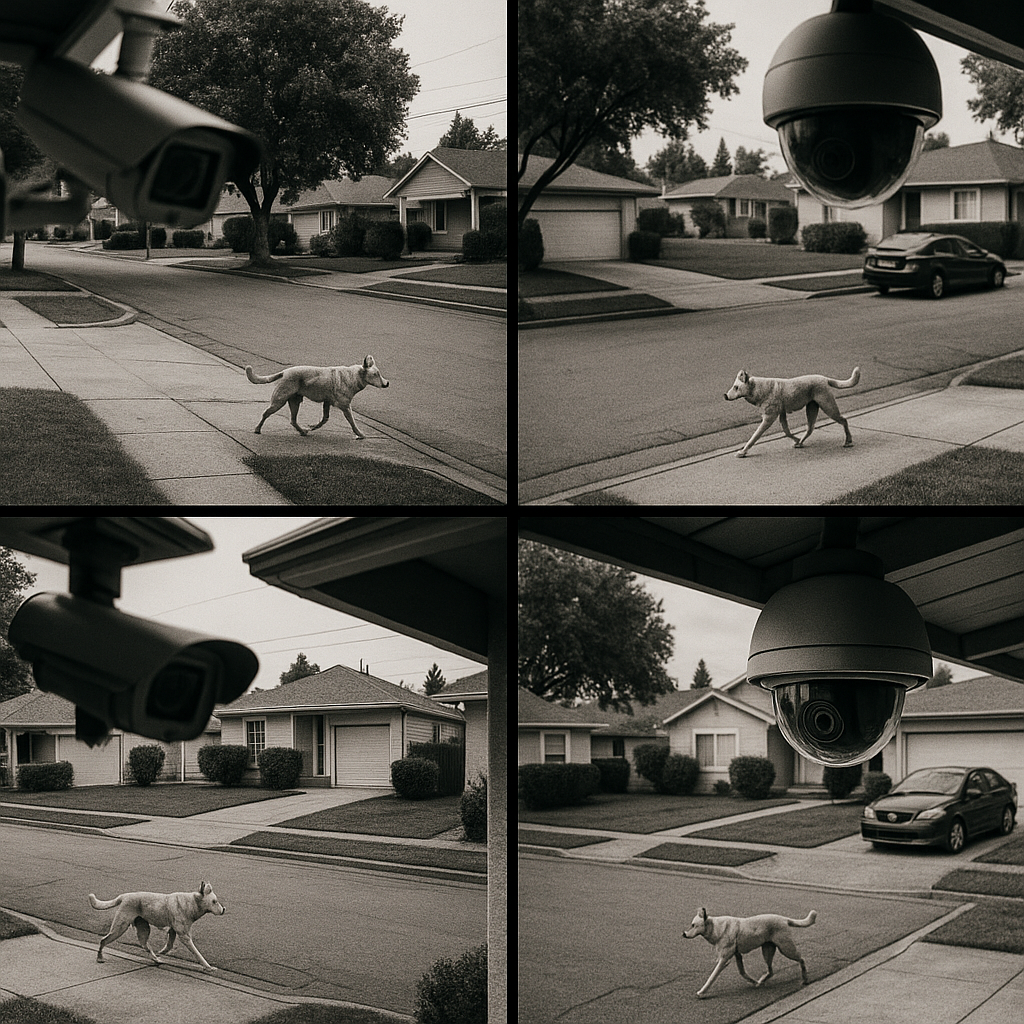 Scene from the ad featuring Ring cameras scanning for a dog
