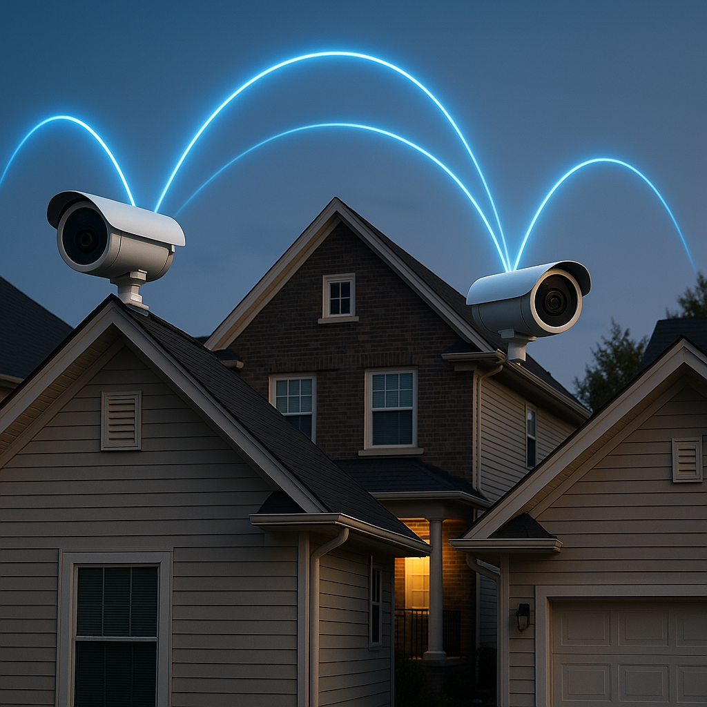 Conceptual image of security cameras around a neighborhood