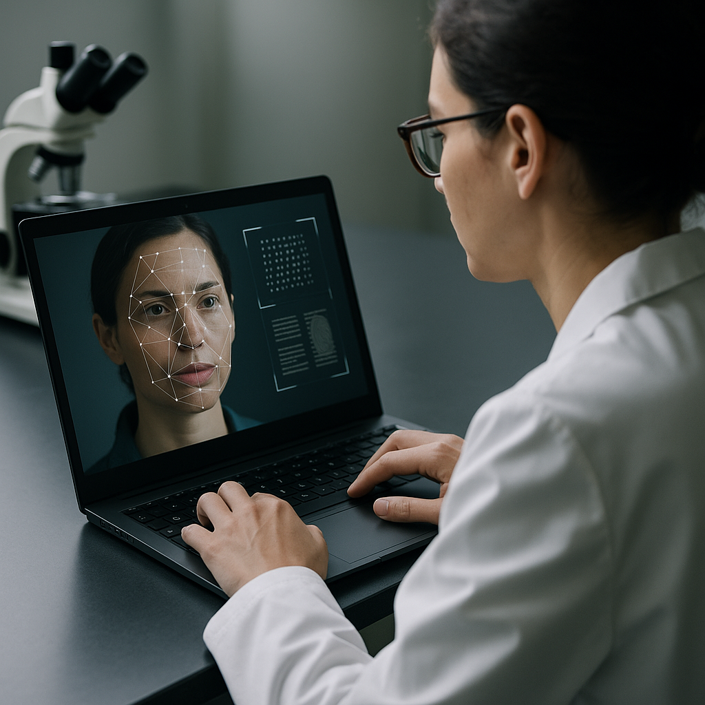 A tech researcher in front of a laptop with facial recognition software on screen