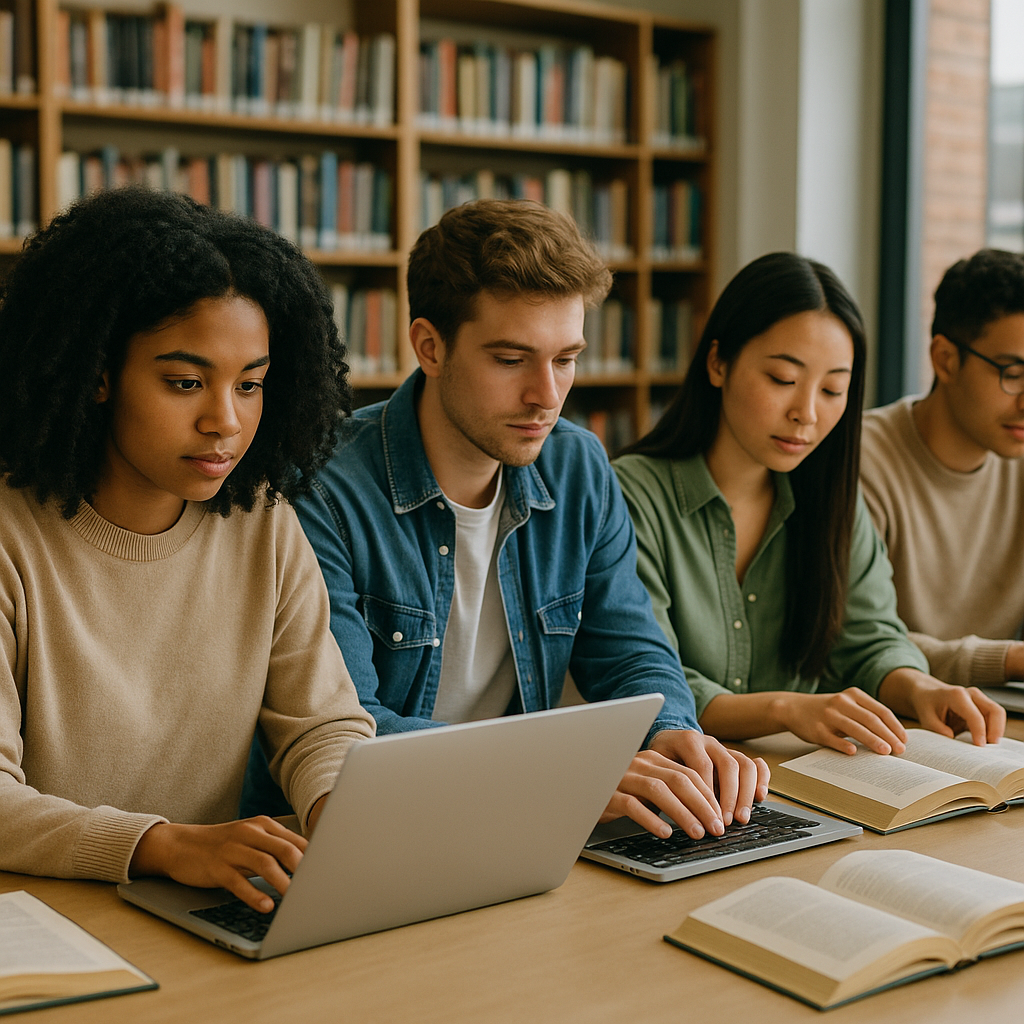 A group of diverse college students sitting in a library, some working on laptops, others flipping through books