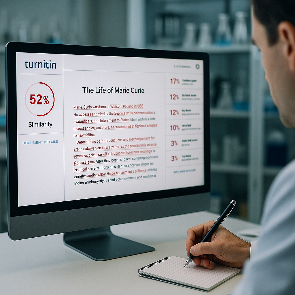 A computer screen displaying Turnitin software evaluating a submitted essay alongside a researcher taking notes in a lab-like setting