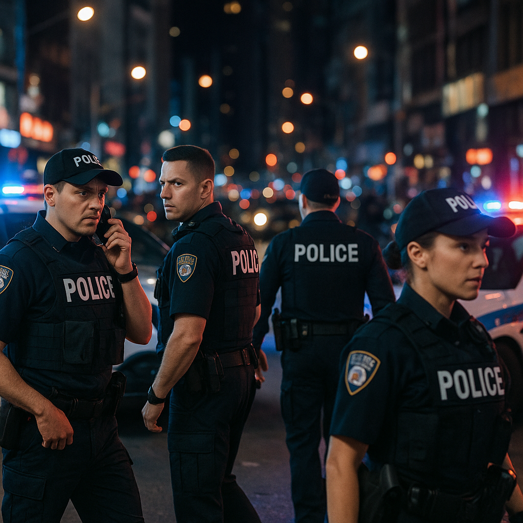 Police officers conducting a sting operation in a nighttime urban setting