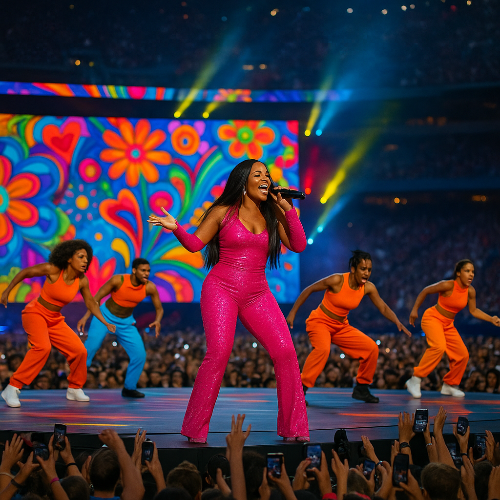 Bad Bunny performing on stage with colorful visuals and a massive crowd