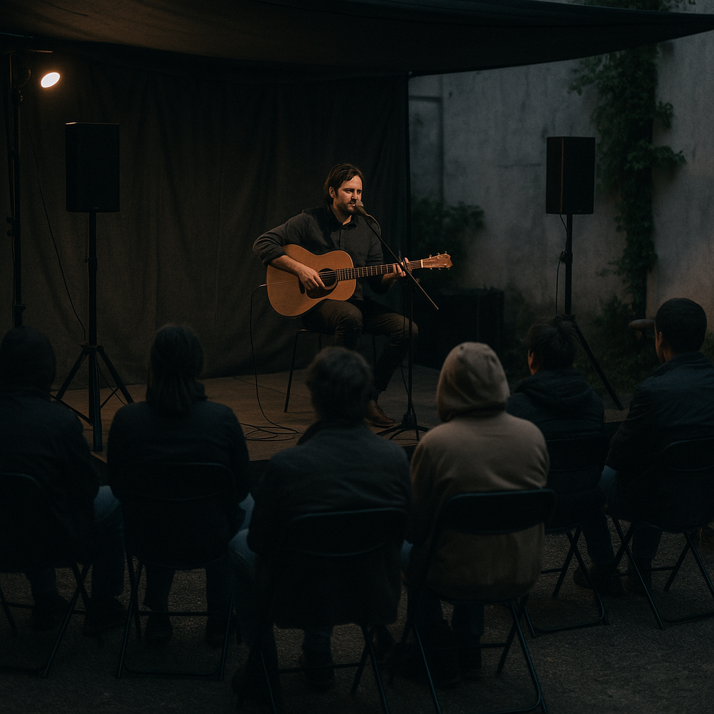 A small audience watching an outdoor concert with sparse energy and minimal decor