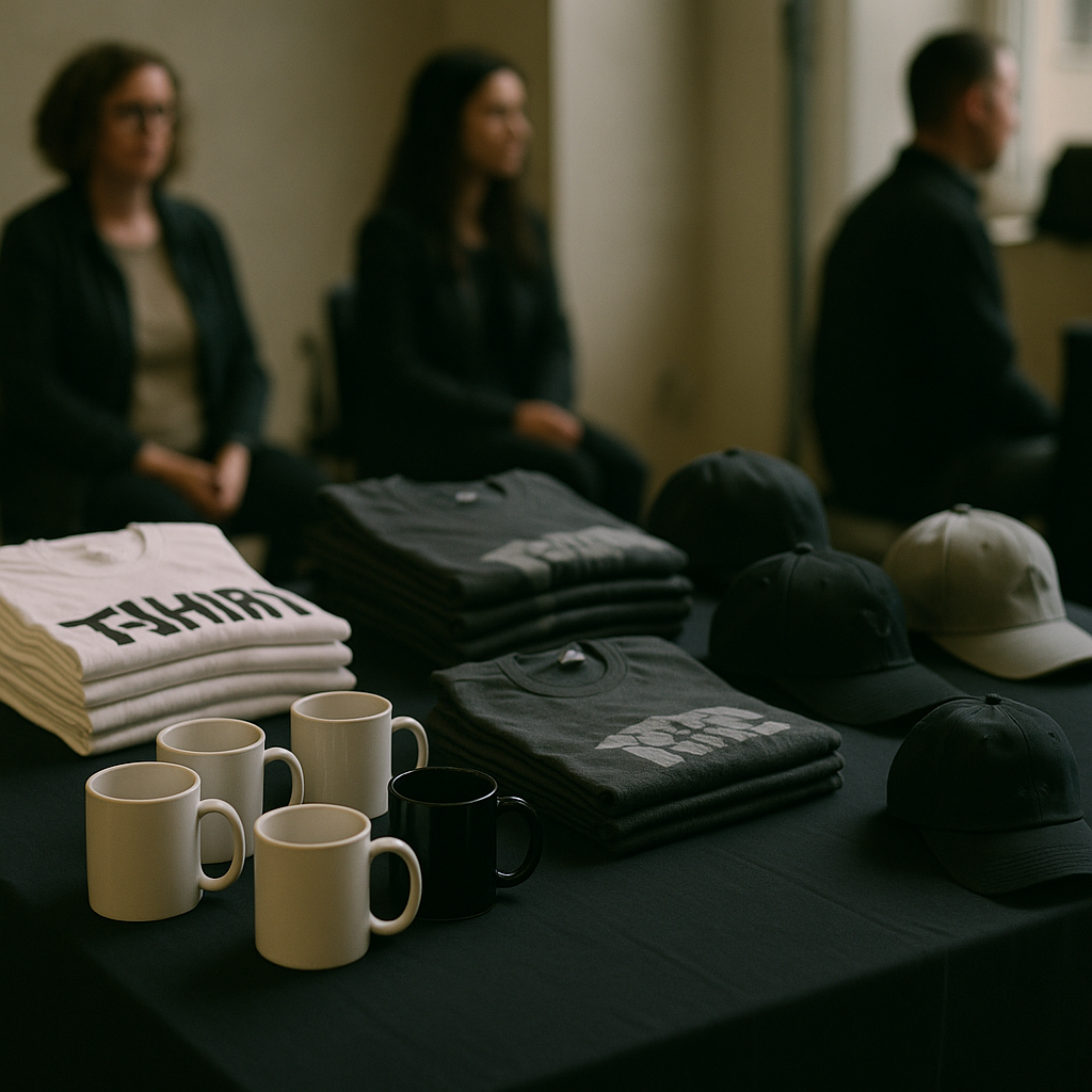 Close-up of promotional merchandise like T-shirts and hats displayed on a table