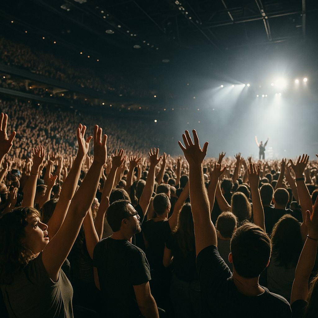 Concert crowd waving hands during a performance by Bad Bunny