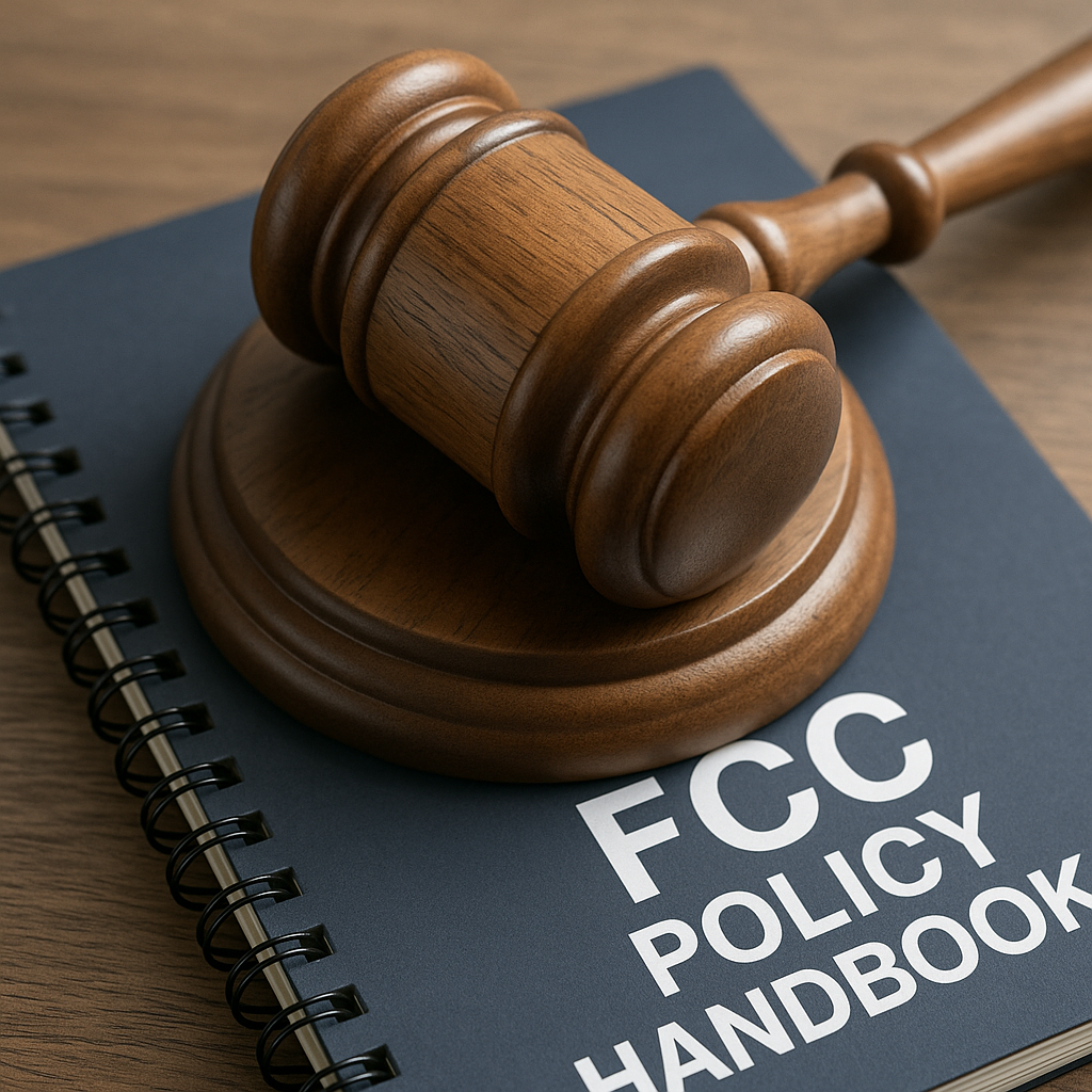 A gavel resting on top of an open FCC policy handbook