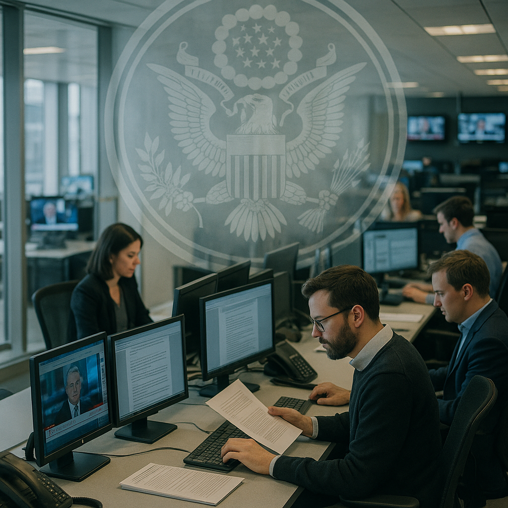 A newsroom with journalists working on computers, with a prominent FCC seal in the background