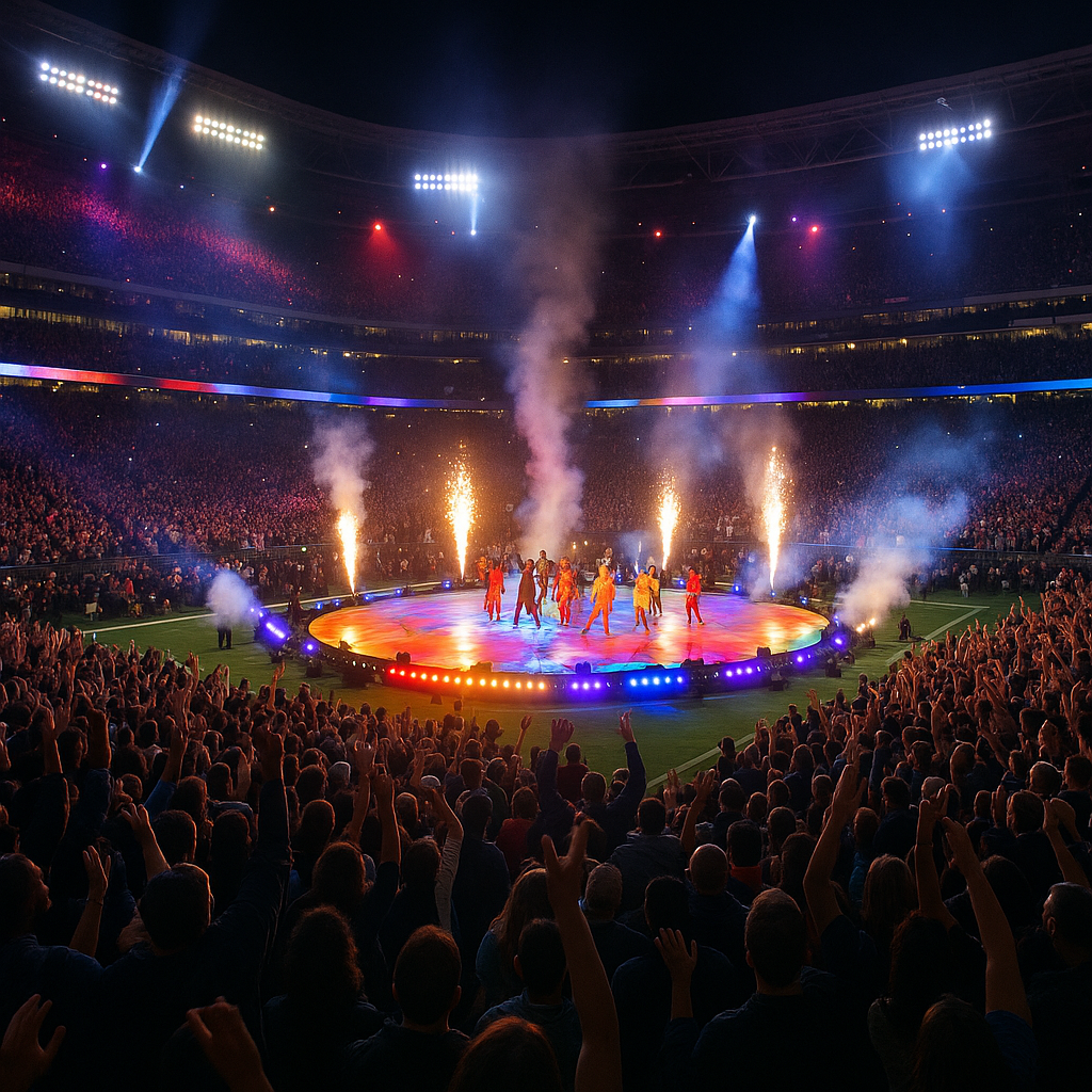 A lively stadium scene during a halftime show, with bright lights and a cheering crowd