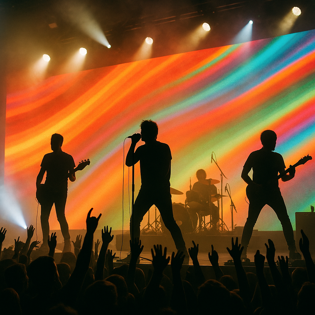Performers silhouetted onstage with colorful visuals in the background during a concert event
