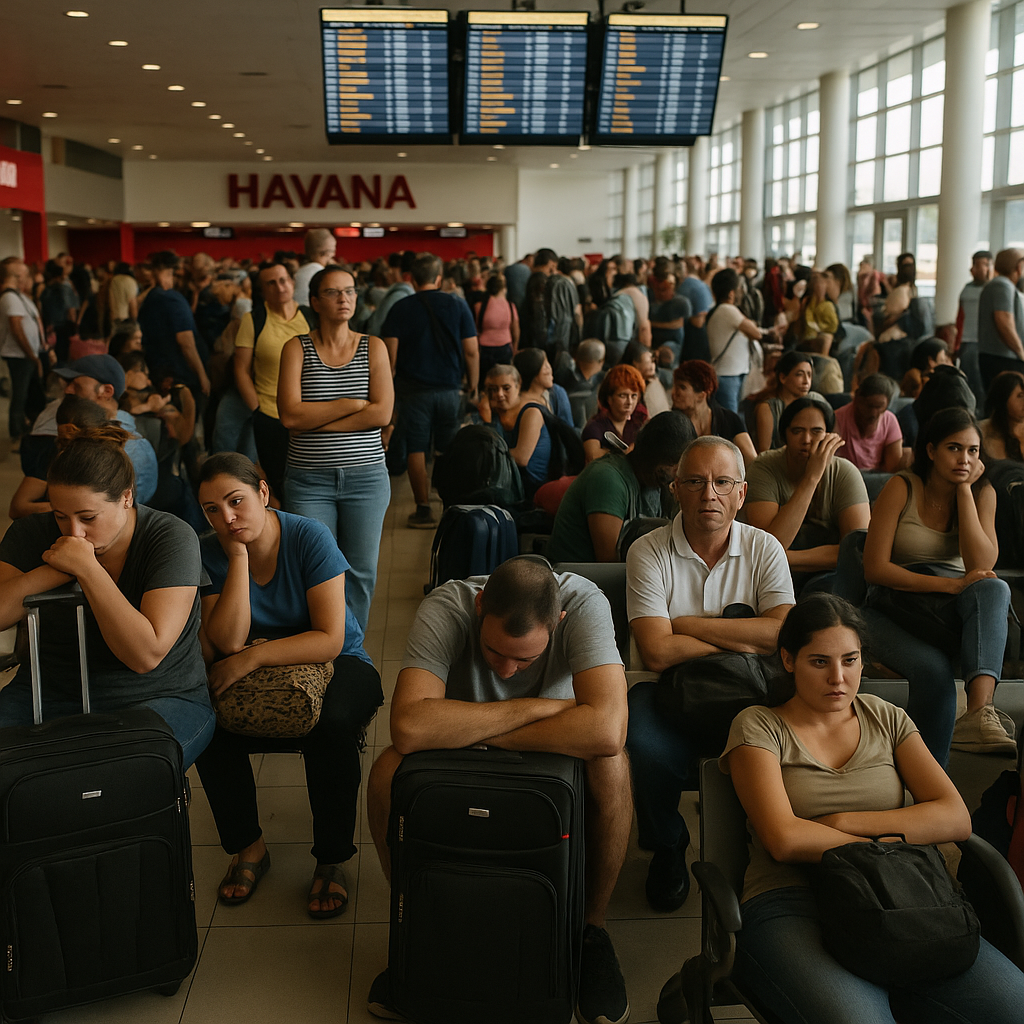 A busy airport terminal with stranded passengers in Havana, Cuba
