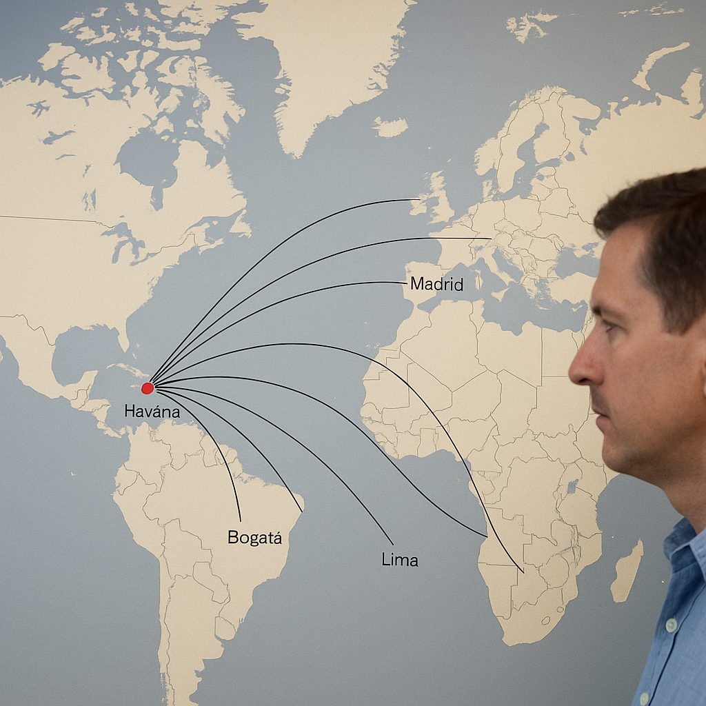 A map highlighting international flight routes affected by Havana’s fuel crisis