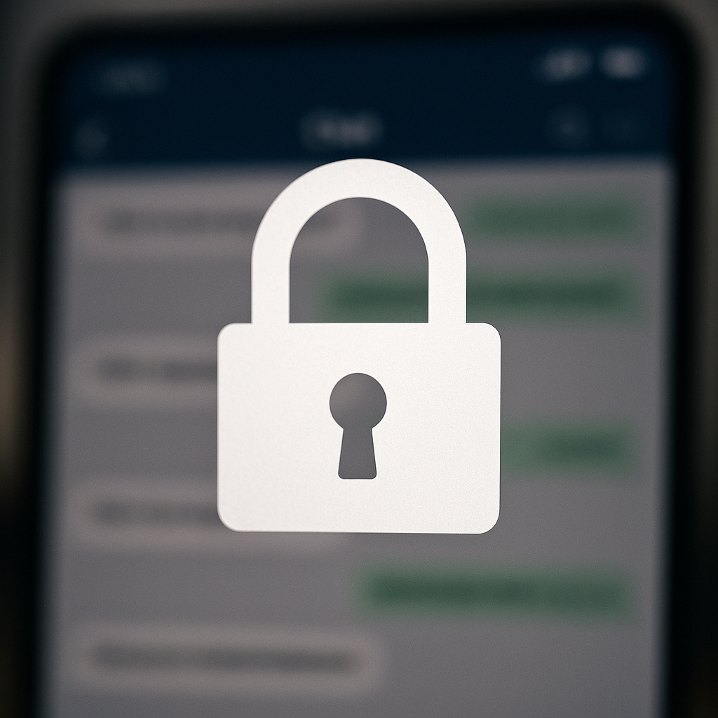 An abstract depiction of a padlock symbol with a blurred chat interface in the background