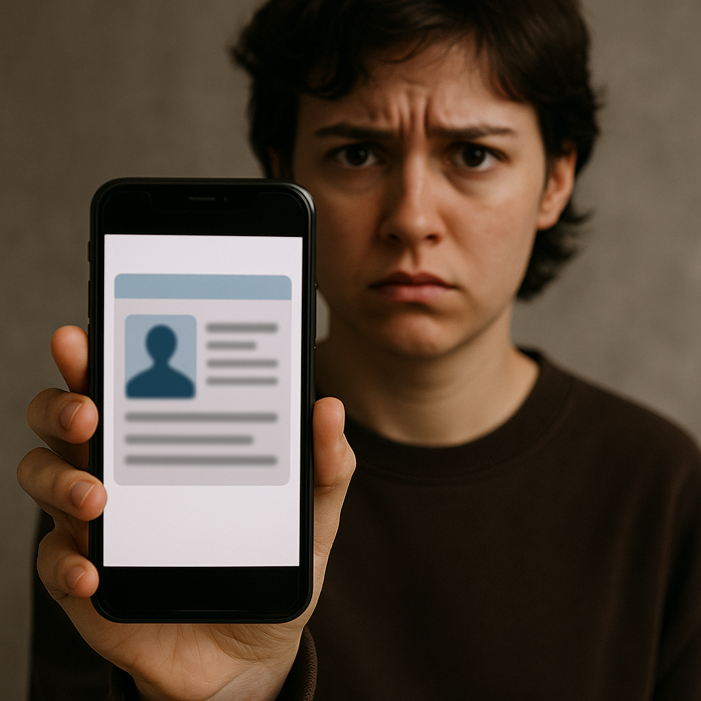 A young person holding their smartphone while looking concerned, with a blurred ID card visible on the screen