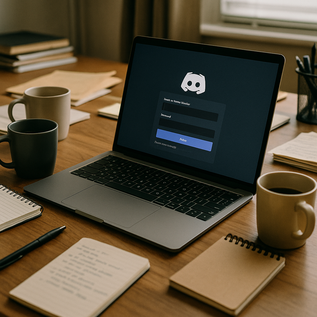 A busy home office desk with a laptop showing the Discord login screen