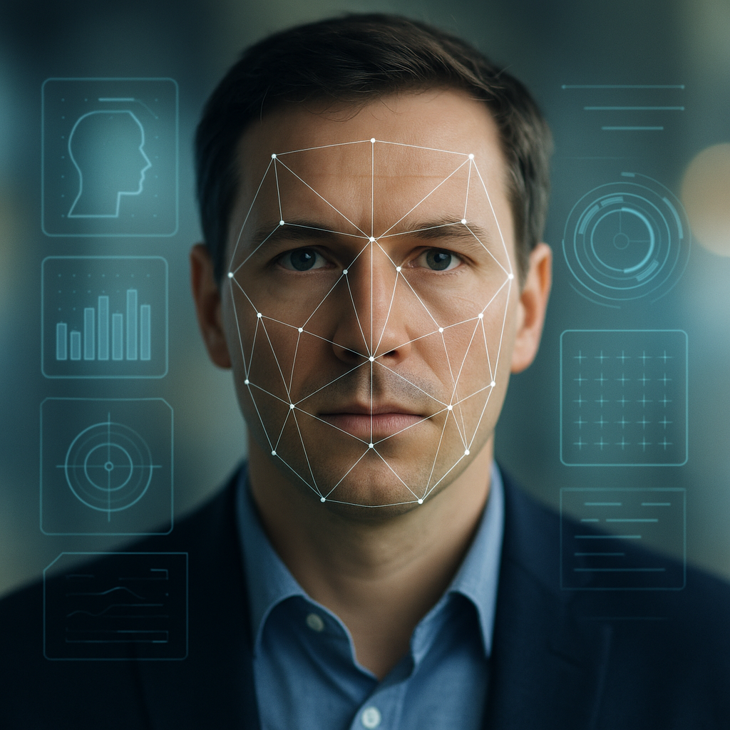 A digital rendering of facial recognition scanning in progress, showing a generic face scan overlay