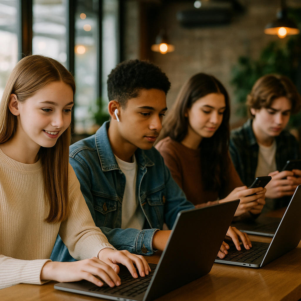 A group of teens on laptops and phones connected with Wi-Fi in a public café, symbolizing safe online spaces