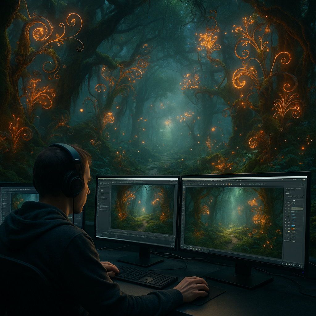 A dramatic scene of Snow White’s CGI-enhanced forest to illustrate visual effects budgeting