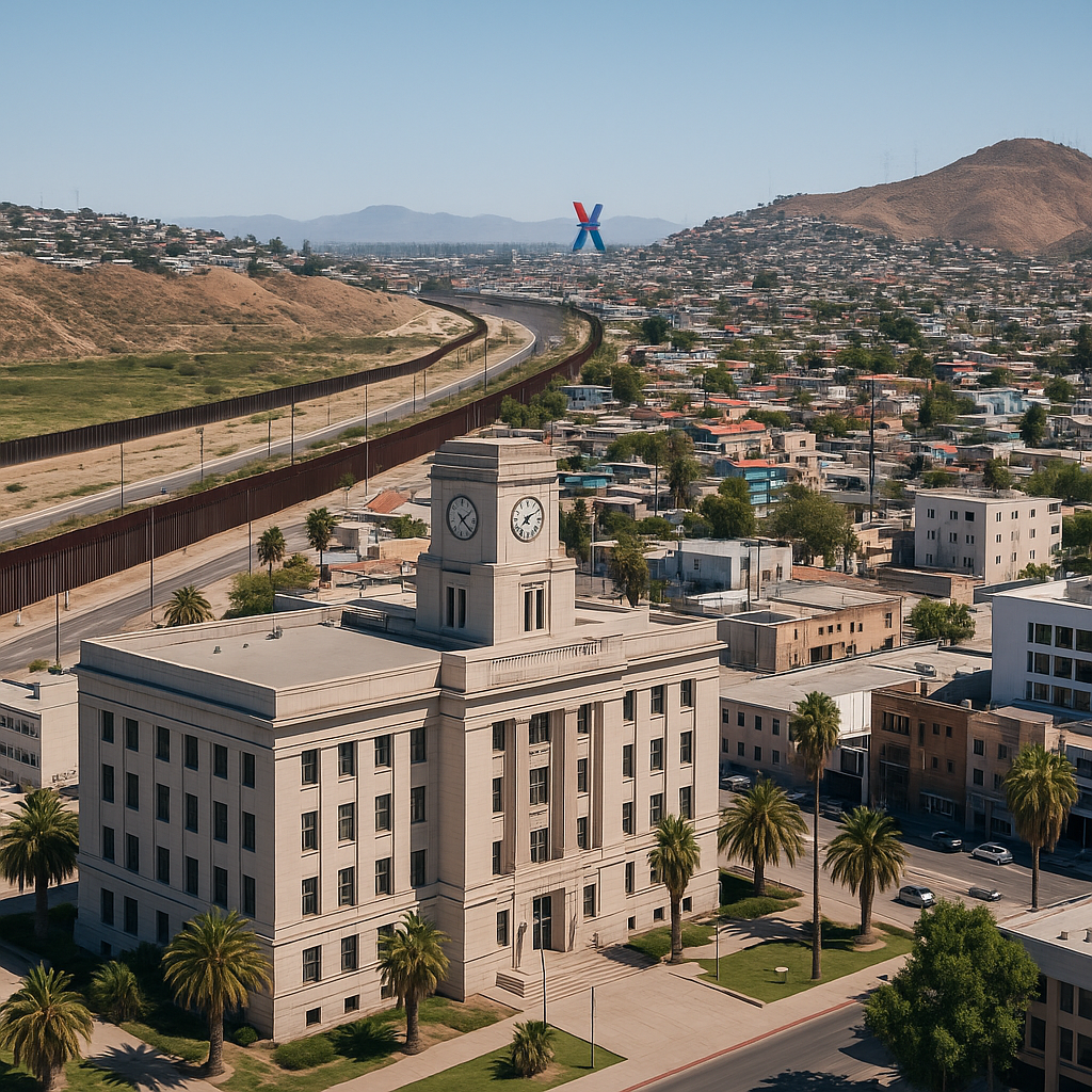 A wide view of El Paso City Hall with the U.S.-Mexico border visible in the distance