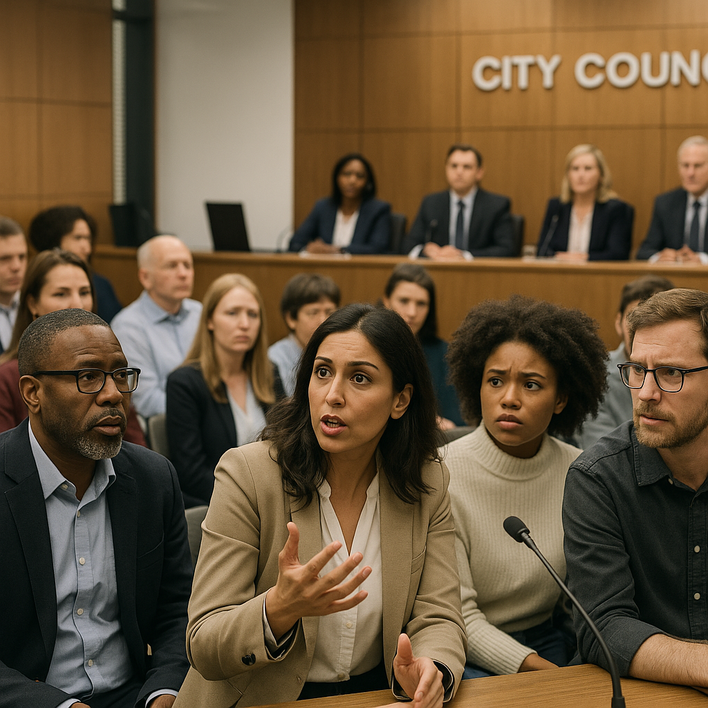 A group of El Paso residents attending a city council meeting, showing a divided yet engaged crowd