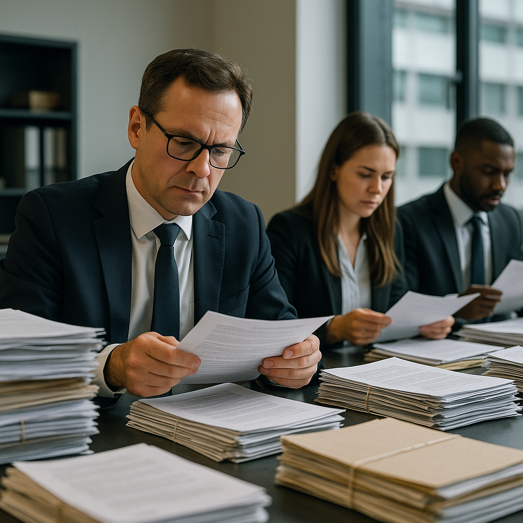 Investigators reviewing documents in an office setting