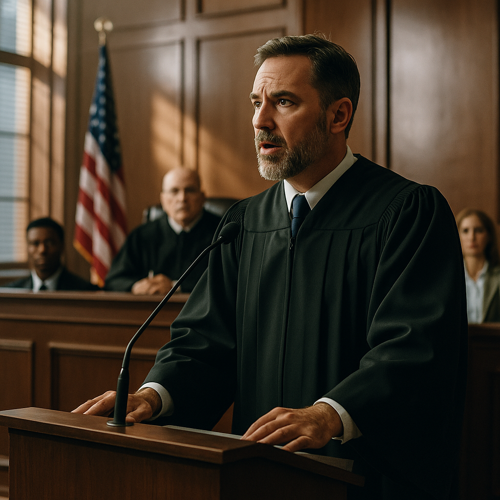 A court hearing or legal official speaking at a podium
