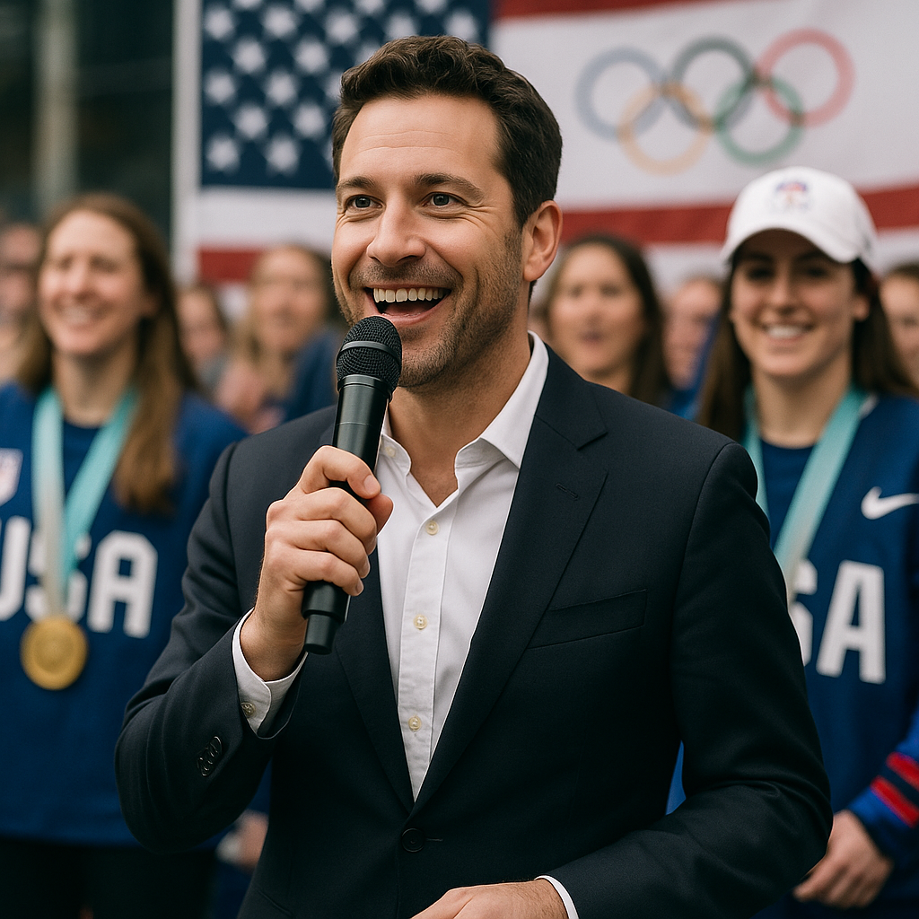 Flavor Flav at the Milano Cortina Olympics with USA women's ice hockey team in backdrop