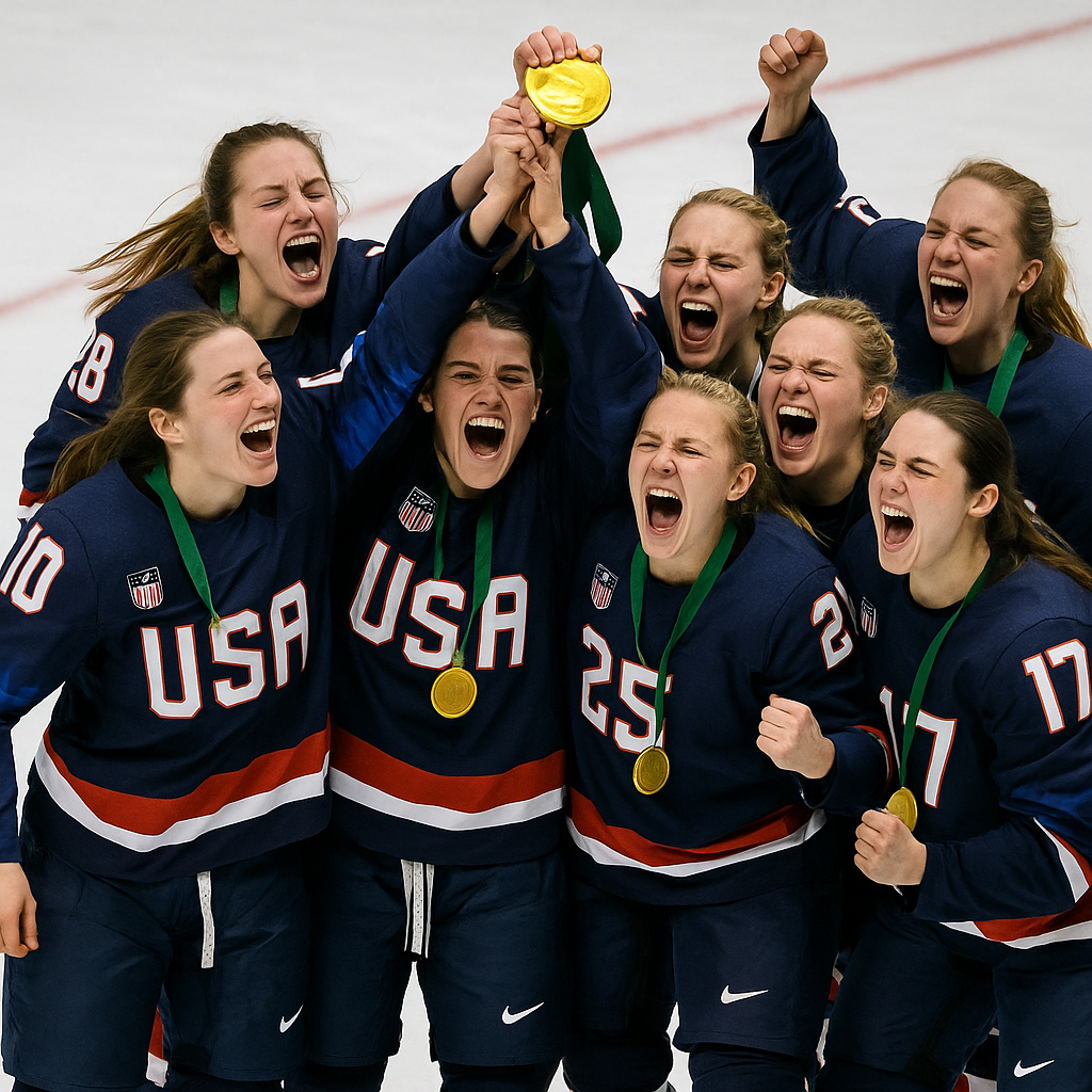 The US women’s ice hockey team celebrating their gold medal on ice