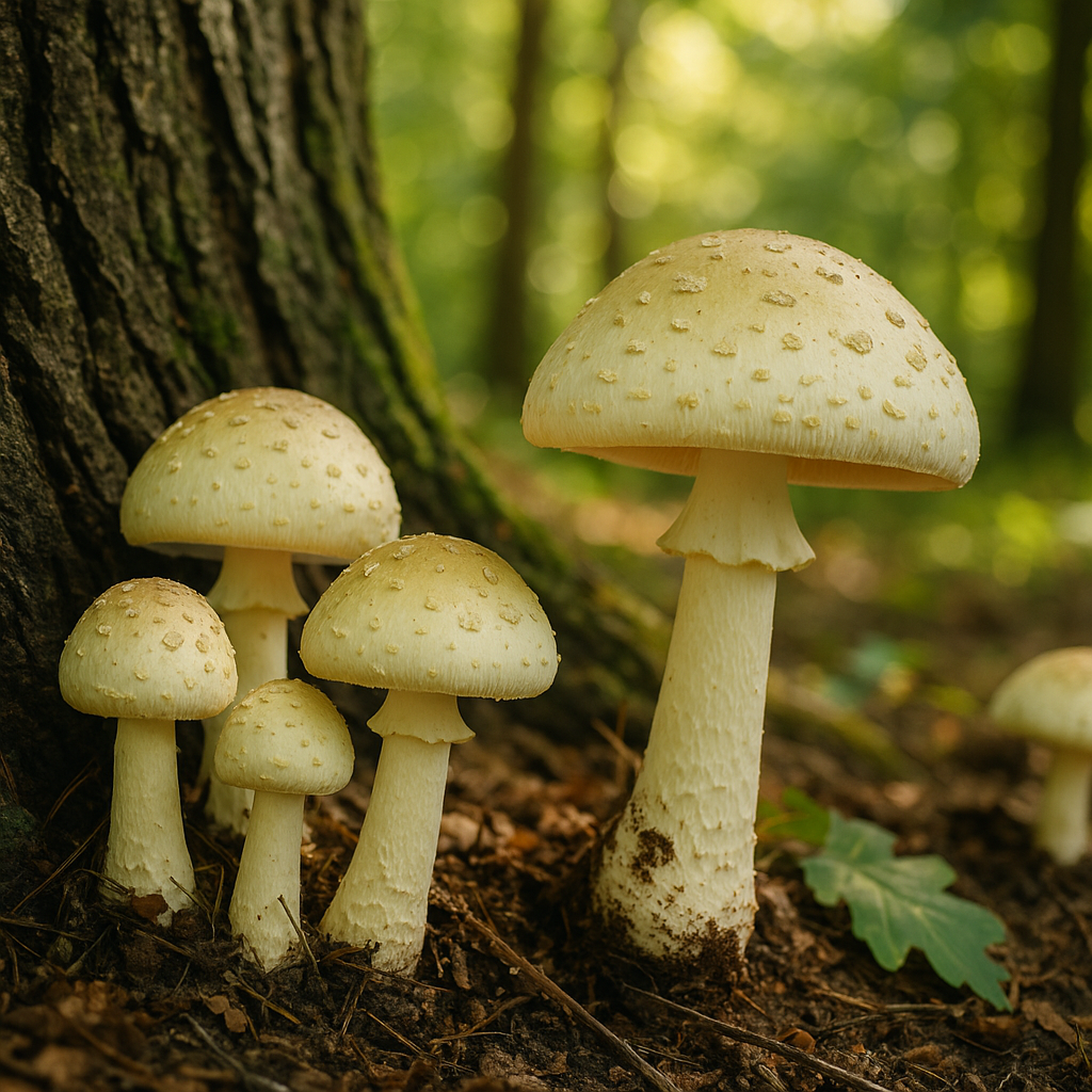 A cluster of death cap mushrooms growing near the base of an oak tree