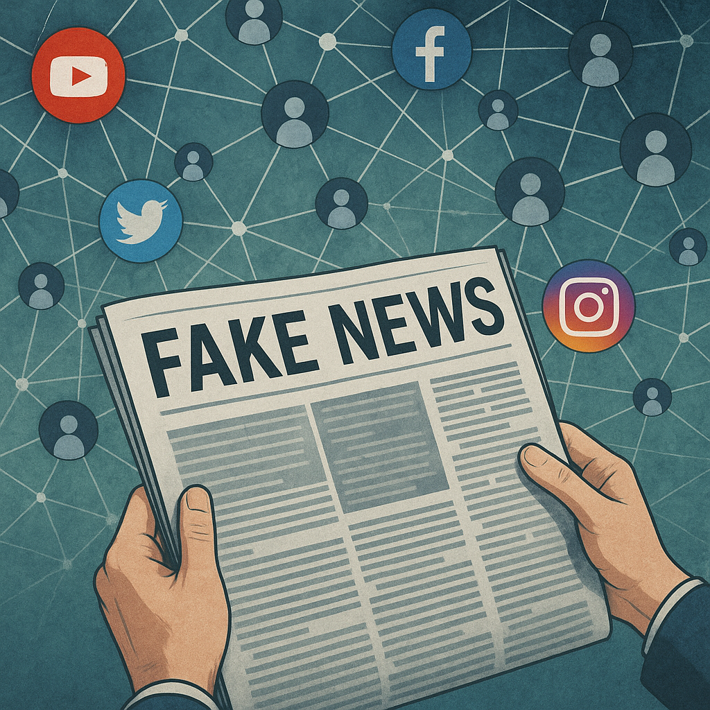 Graphic representation of disinformation spreading through social media, with abstract icons of a network and fake news