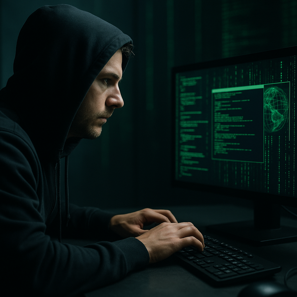 A cyber hacker in a dark room with a matrix-inspired background, working on multiple screens