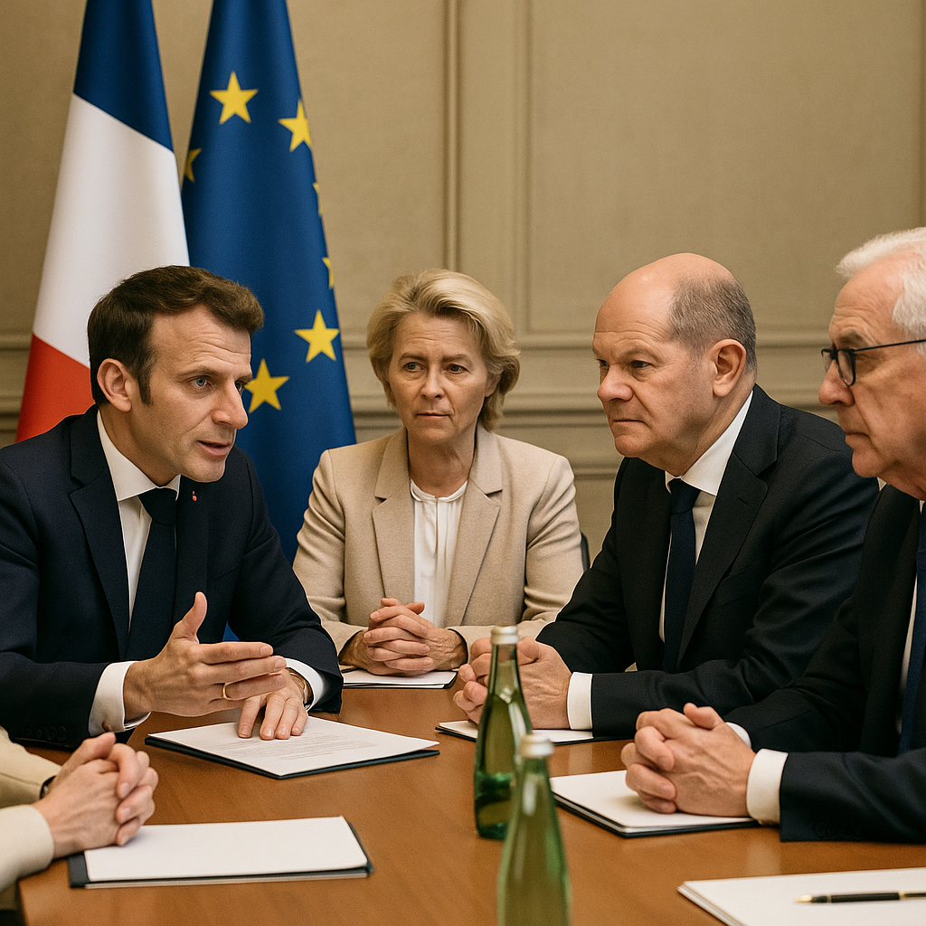 European leaders at a conference discussing geopolitical strategy, with French and EU flags in the background
