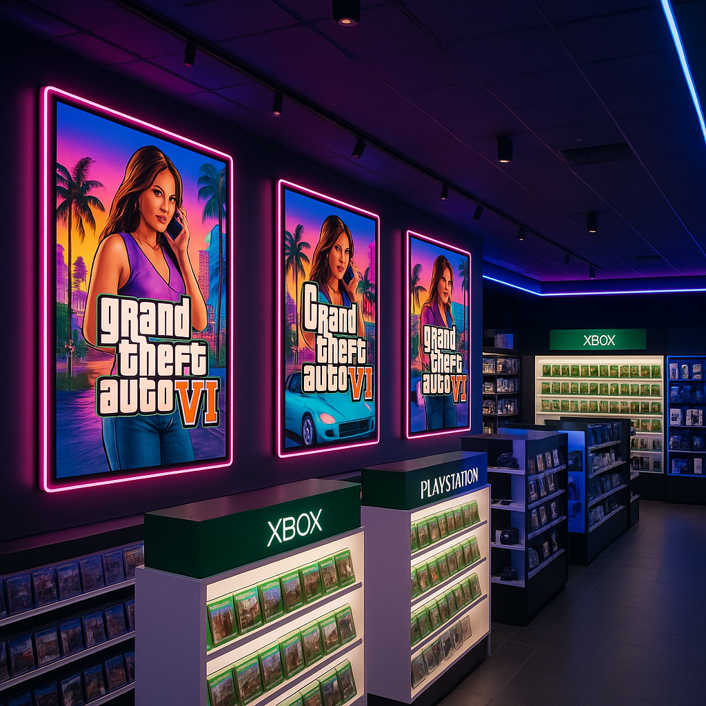 A neon-lit video game store showroom showcasing upcoming GTA6 posters