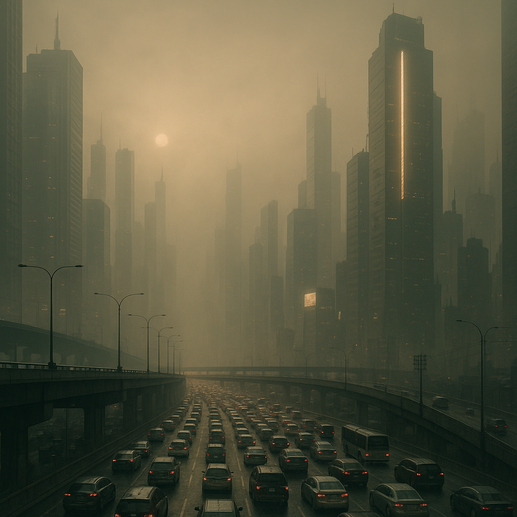 A dystopian virtual cityscape rendered vibrantly with heavy traffic and smog