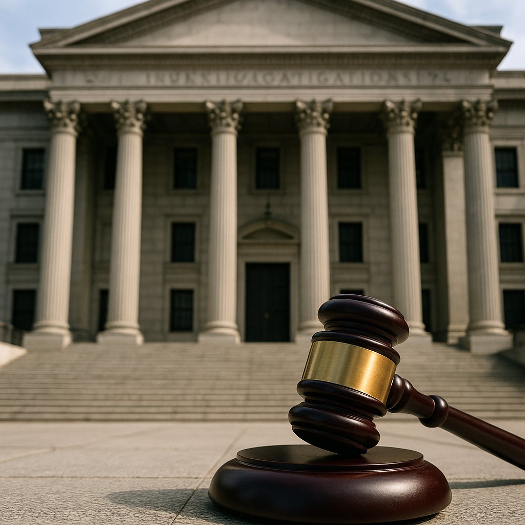 A symbol of justice, like courthouse steps or a gavel, indicating legal proceedings