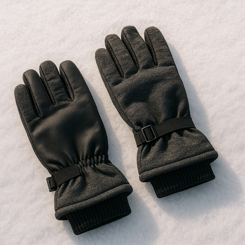 A pair of modern winter gloves resting on snow, representing their practical style and cultural symbolism