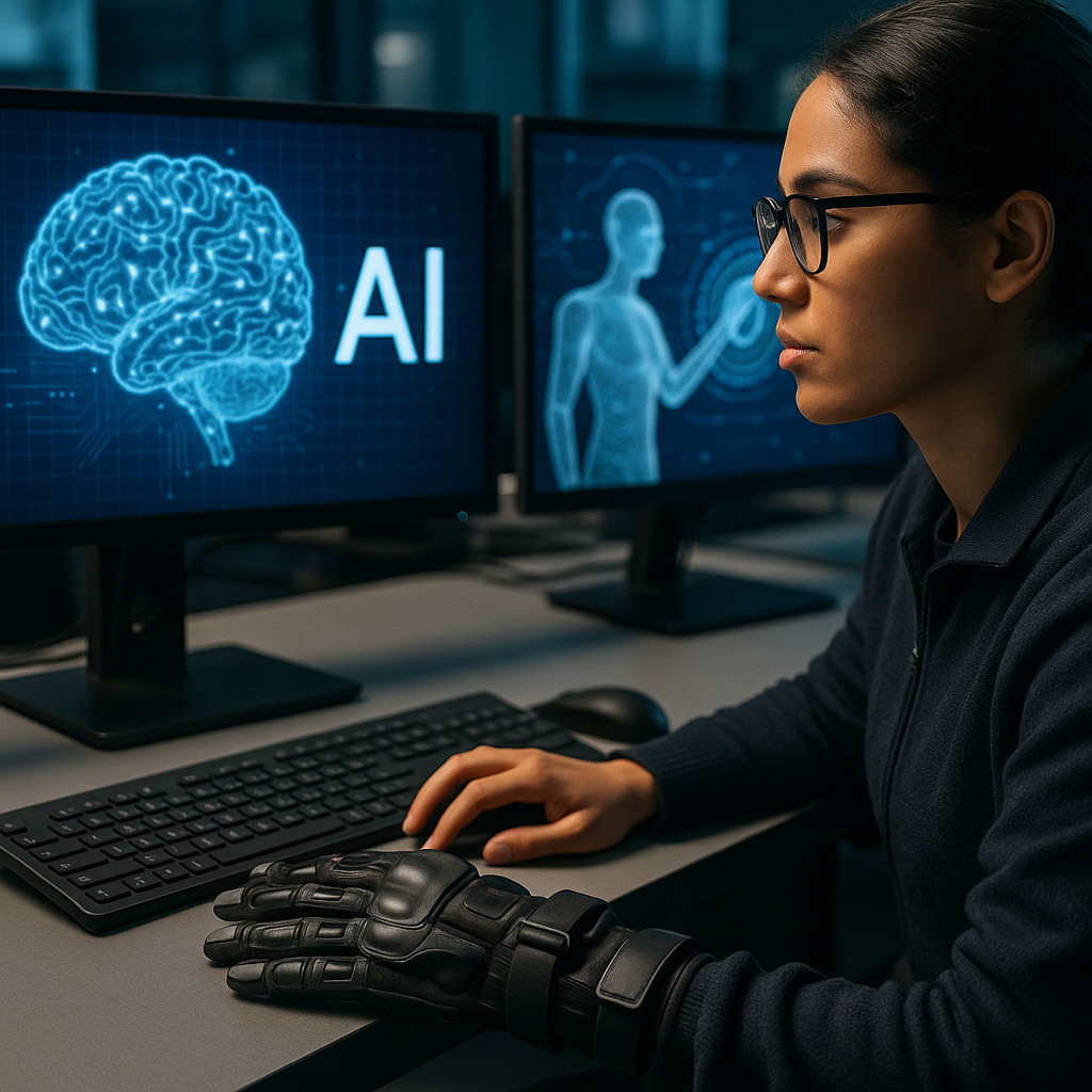 A tech-focused setup with a person gesturing toward screens displaying AI development imagery and ChatGPT dialogues