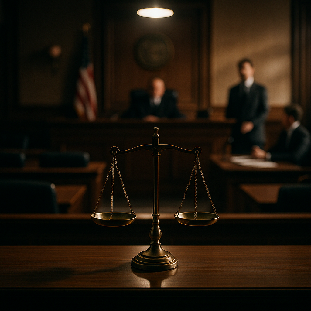 A courtroom or scales of justice, symbolizing the debate over rights and government oversight