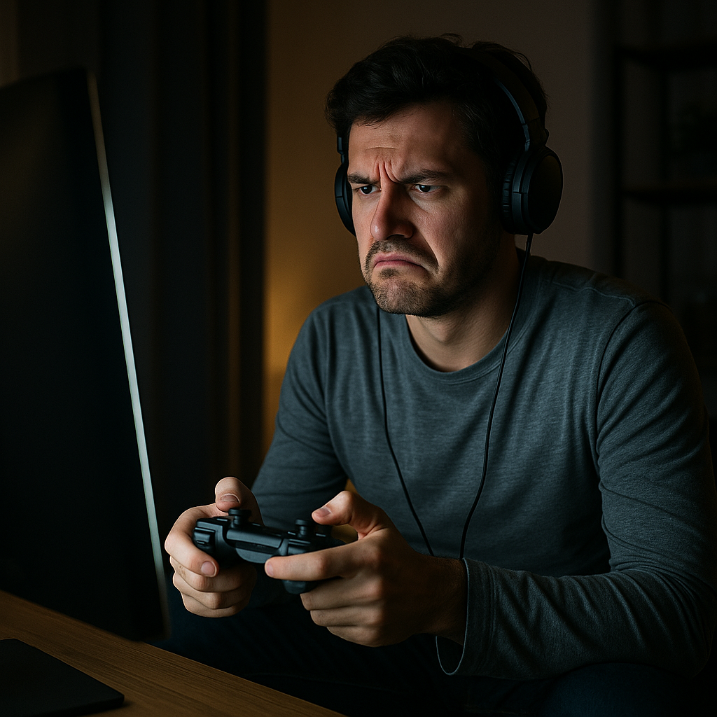 A gamer sitting in front of a dimly lit screen with a controller in hand, clearly reflecting disappointment