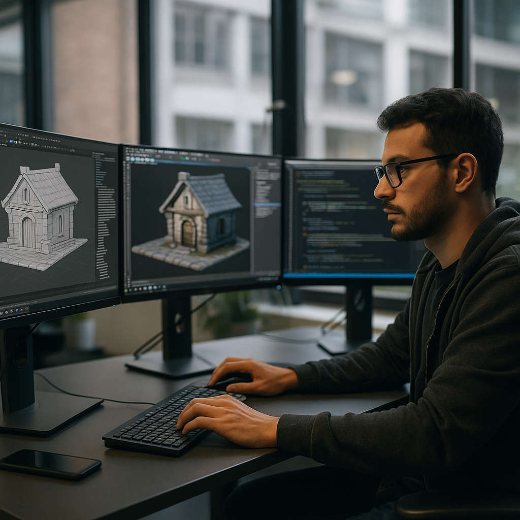 A game developer working on code with multiple monitors displaying 3D model designs