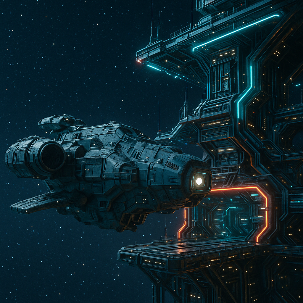 A futuristic spaceship docked at a glowing interstellar station