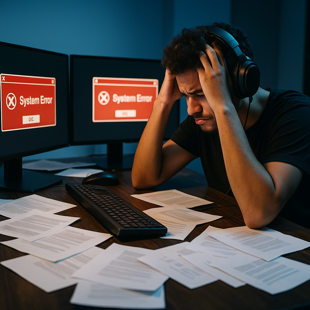 A gamer struggling with system error windows on their monitor