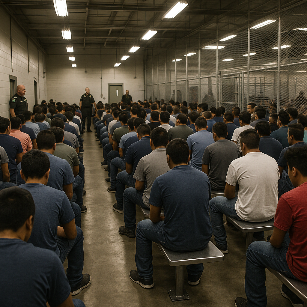 A crowded immigration detention center with detainees sitting on metal benches under fluorescent lighting
