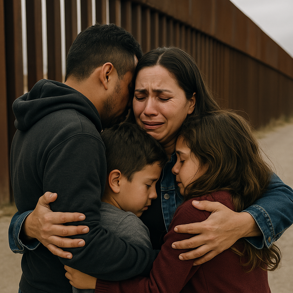 A family hugging each other tightly near a border wall, highlighting emotional aspects of immigration