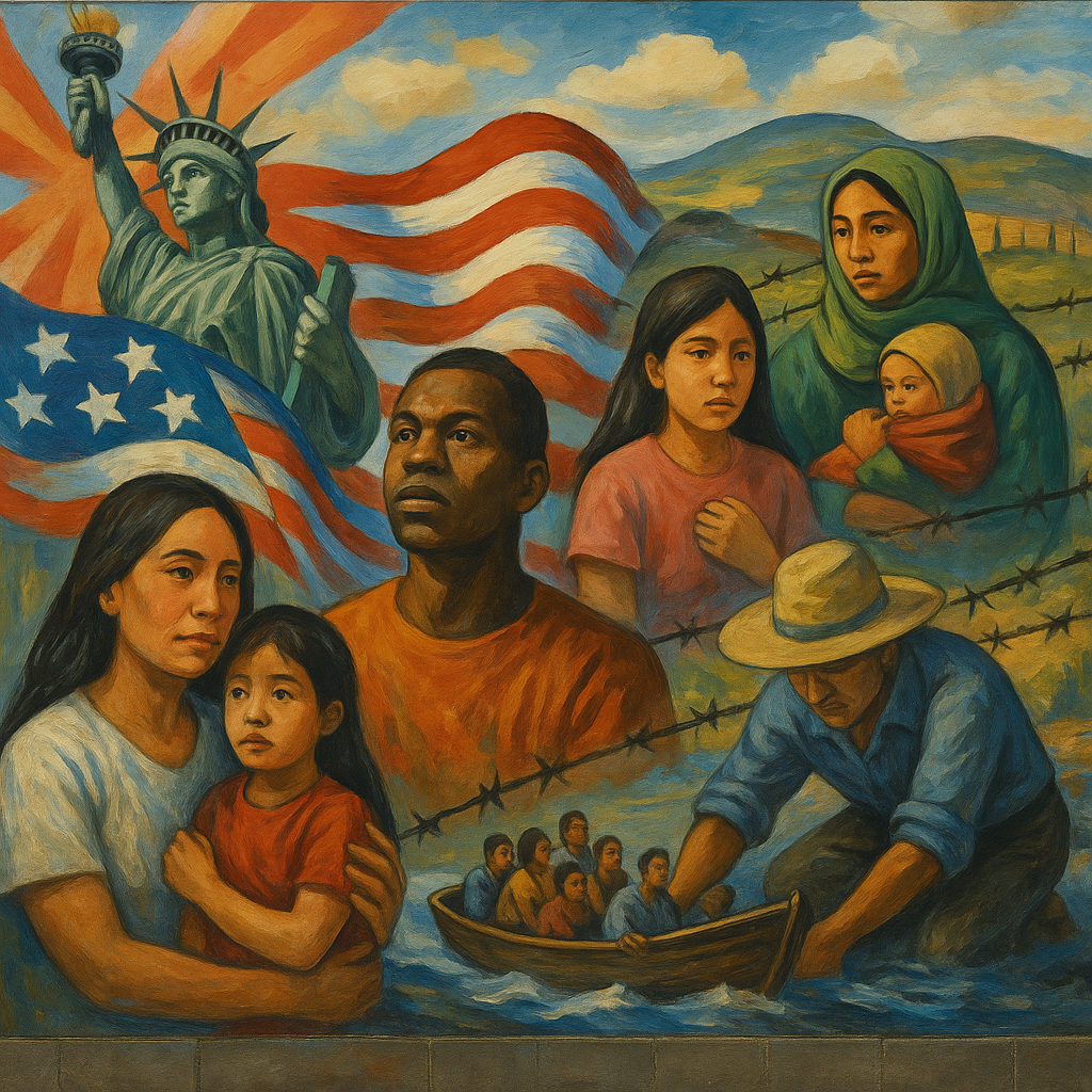 A textured mural depicting immigration struggles in the US