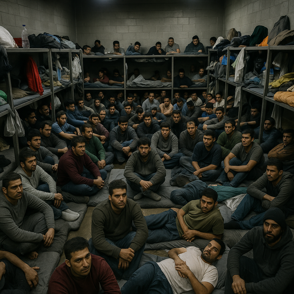 A dimly lit detention cell with cots and personal belongings