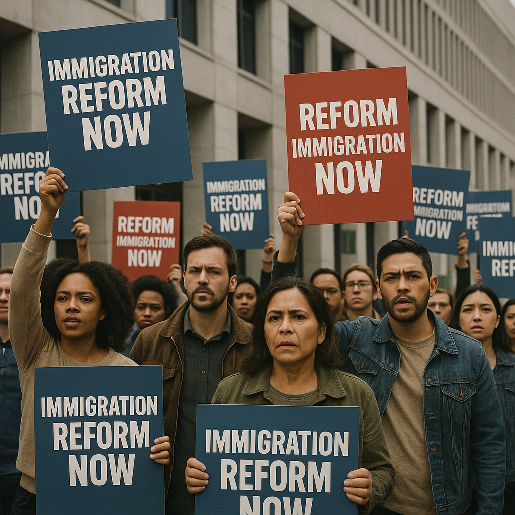 A crowd of protestors holding signs advocating for immigration reform