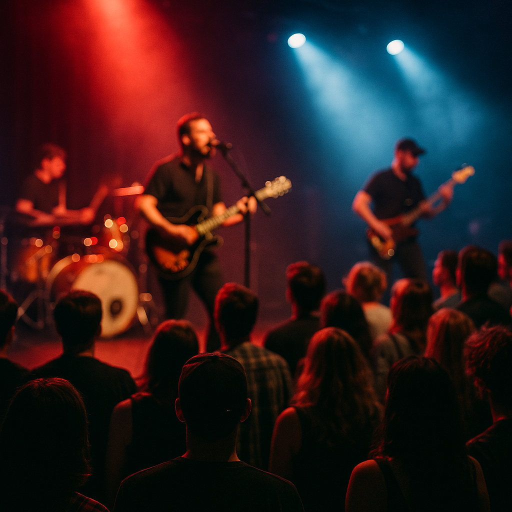 A blurred crowd with a live band performing under red and blue stage lights