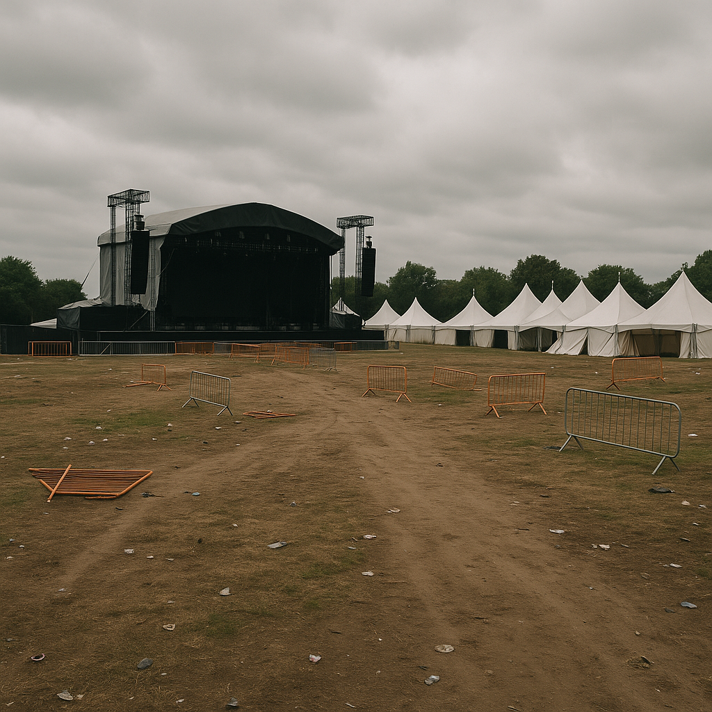 A quiet festival venue, with an empty stage in an outdoor setting